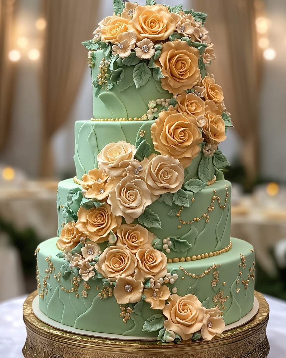 Luxurious Multi-Tiered Green and Gold Arabic Cake