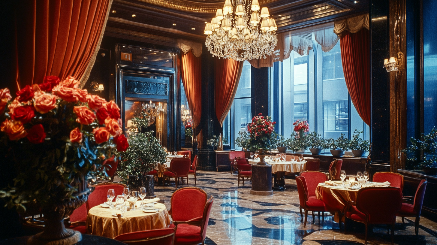 Luxurious Restaurant Interior with Velvet Curtains and Chandeliers.