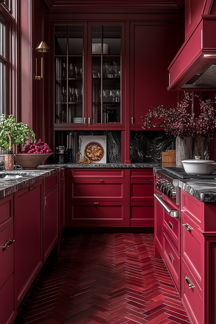 Luxurious Ruby Red Kitchen with Marble and Chrome