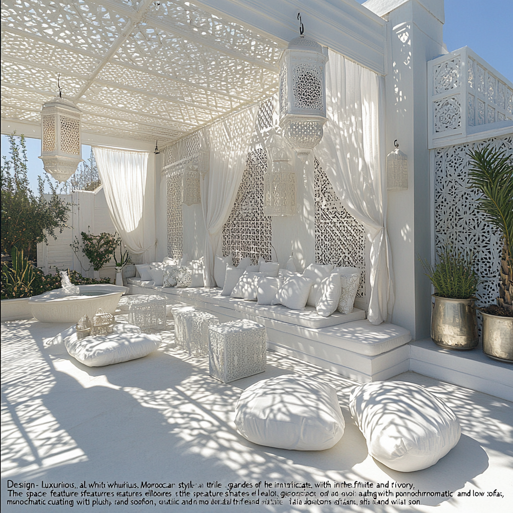 Luxurious all-white Moroccan-style roof garden with intricate patterns