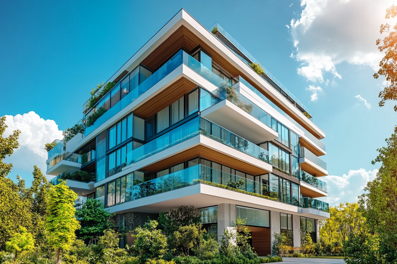 Luxurious apartment building with glass windows and garden