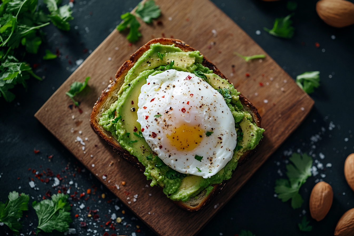 Luxurious avocado toast with poached egg, dramatic lighting