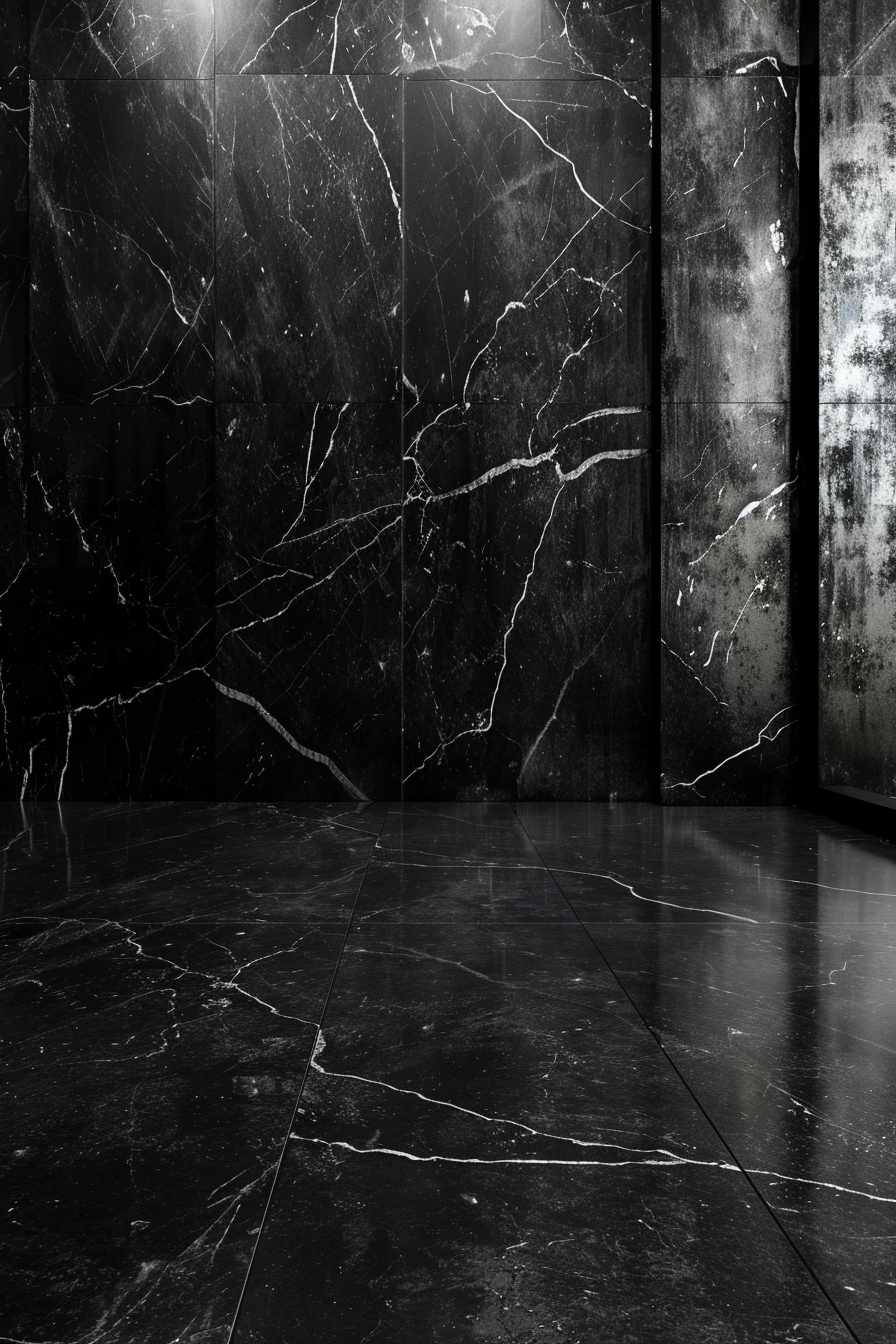 Luxurious black marble floor and wall studio setup.