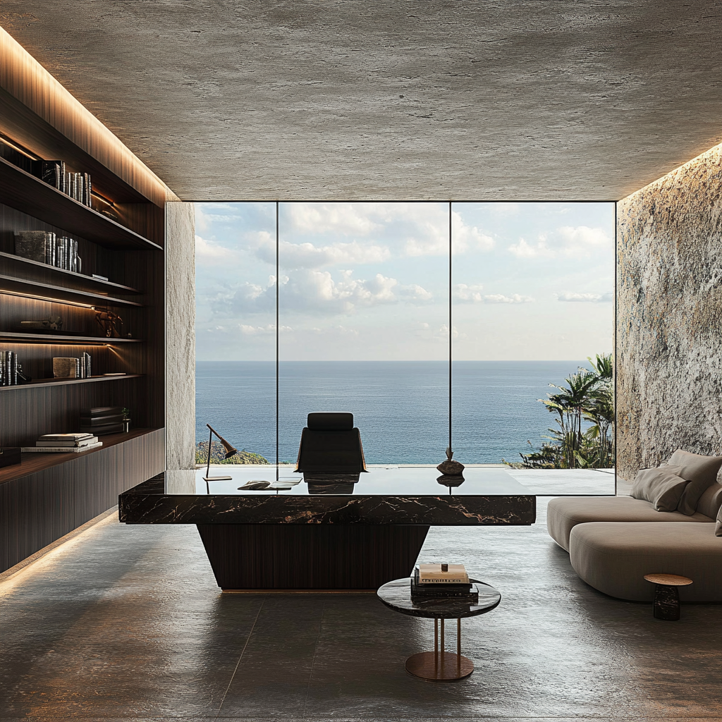 Luxurious cliffside office with ocean view and modern design