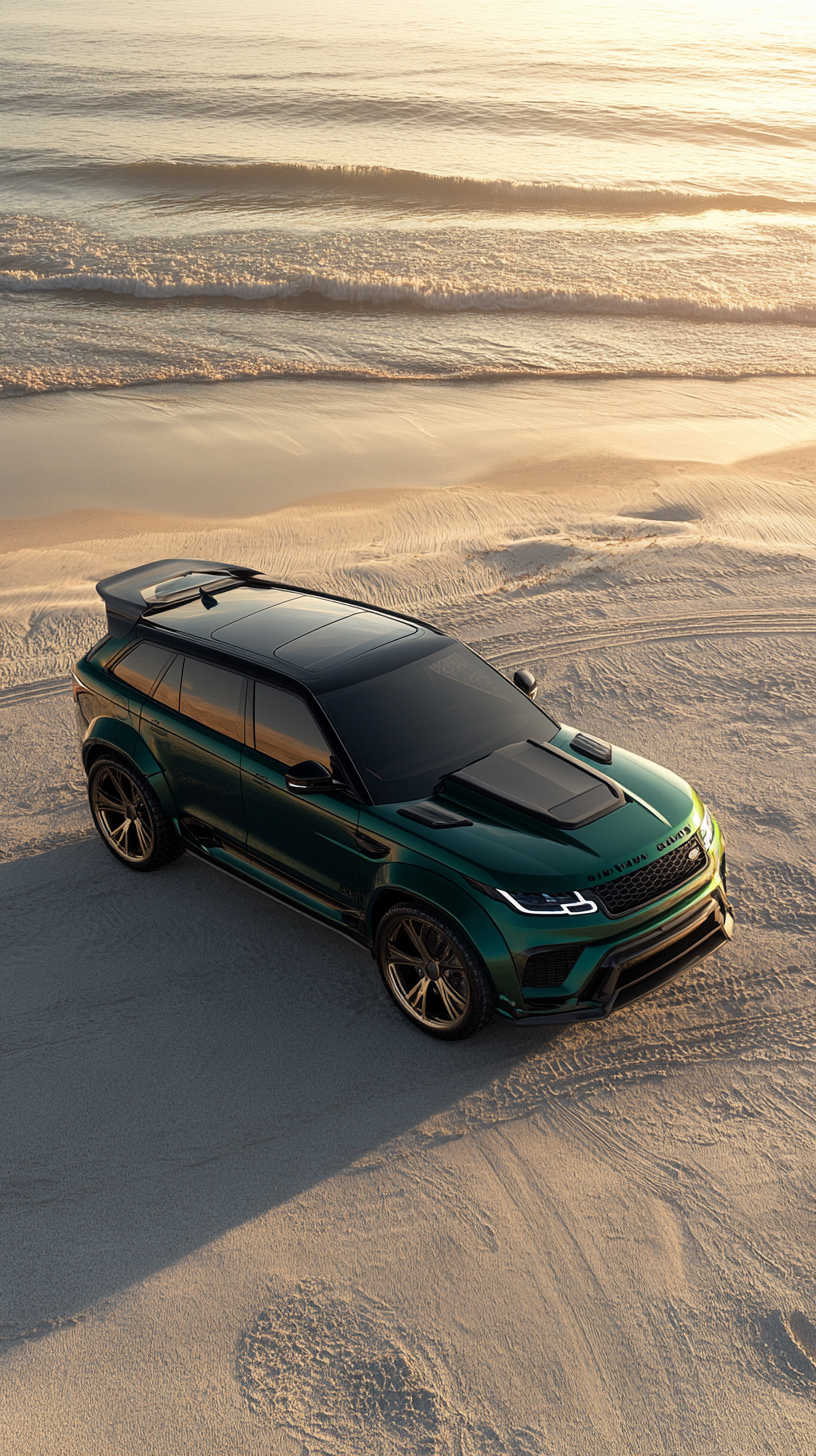 Luxurious emerald green SUV parked on beach.