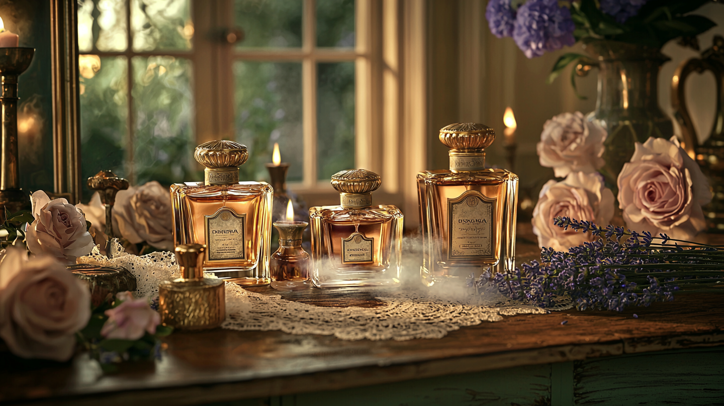 Luxurious fragrance scene with elegant vintage perfume bottles.