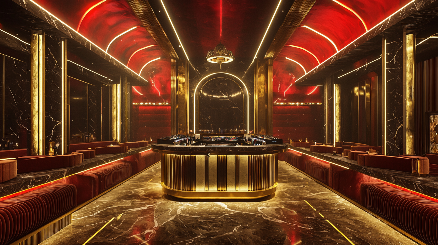 Luxurious futuristic nightclub with elegant Art Deco decor.