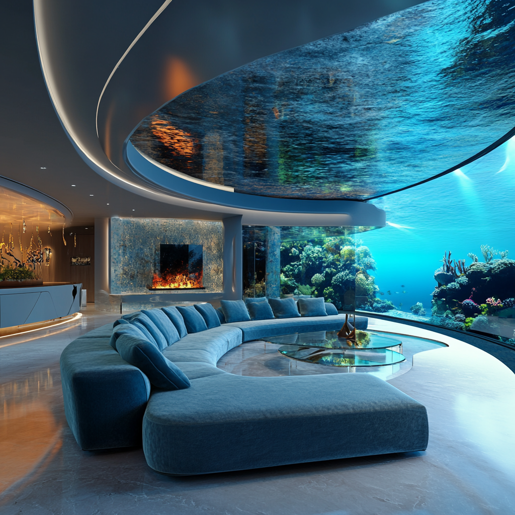 Luxurious futuristic underwater living room with marine-inspired art