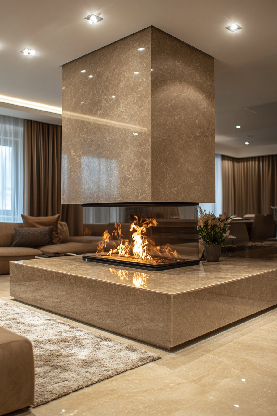 Luxurious granite fireplace in elegant living room.