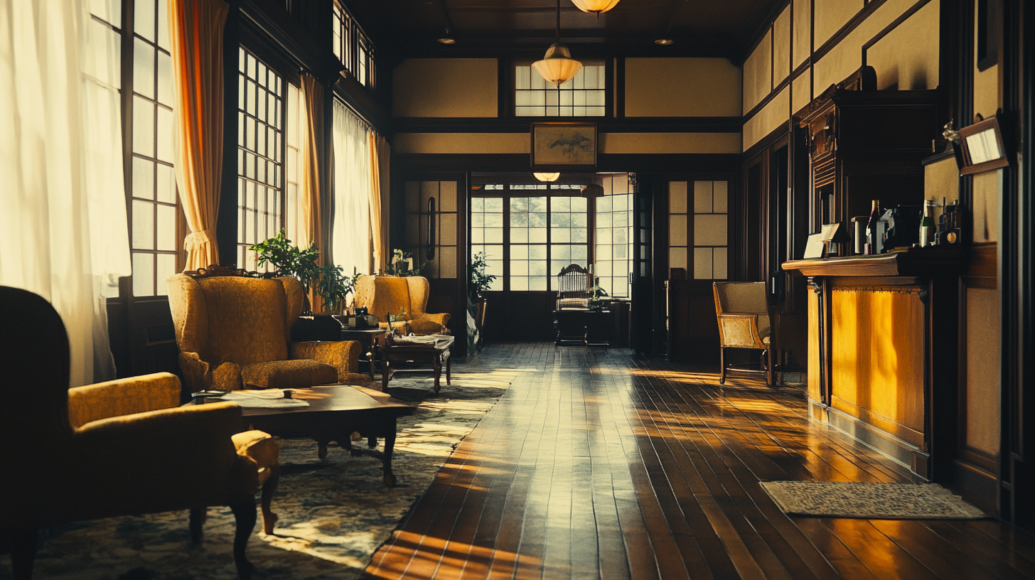 Luxurious hotel lounge in 19th century Japan