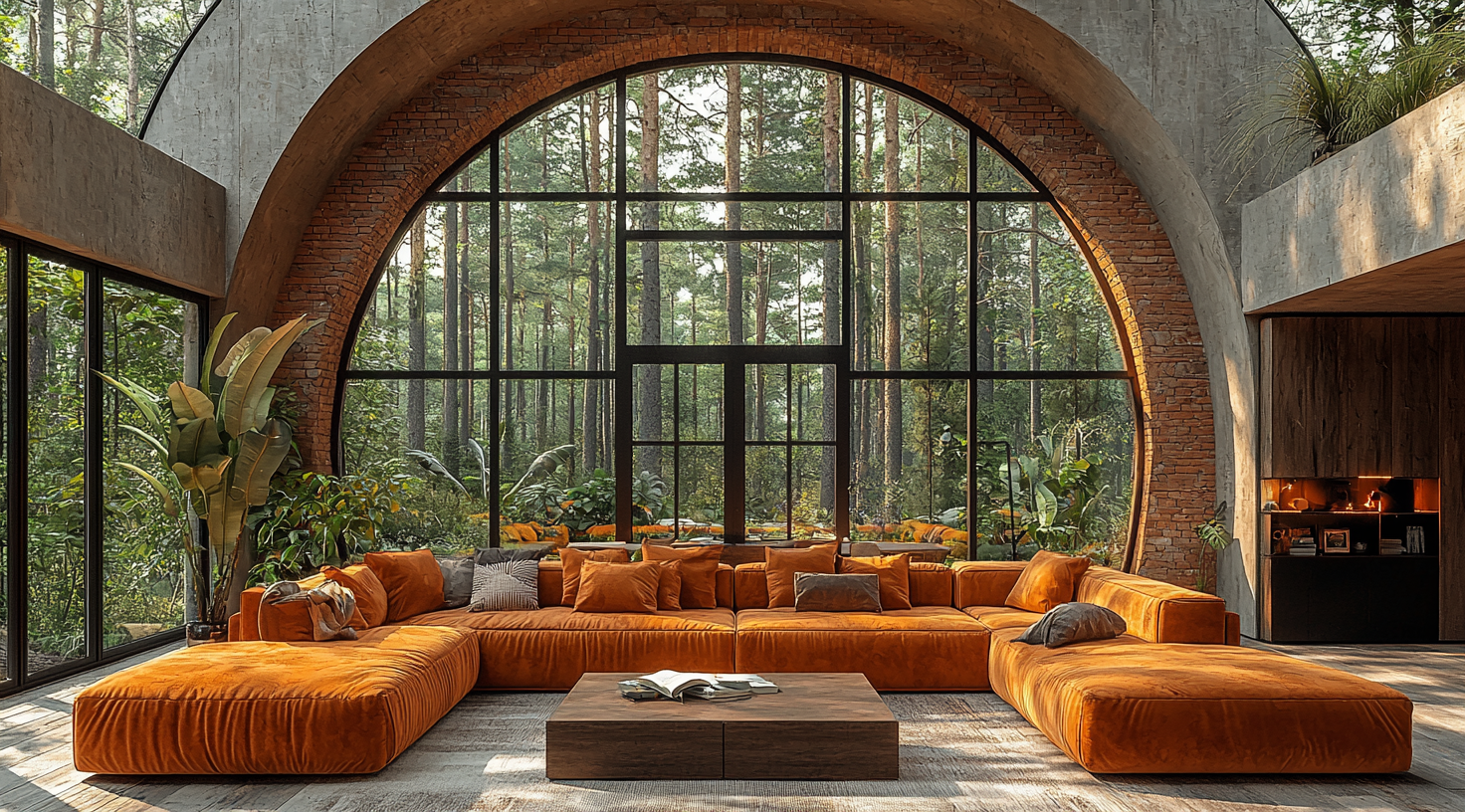 Luxurious house with arched window, overlooking forest.