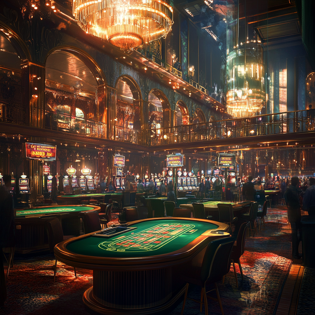 Luxurious hyper-realistic casino scene with bright lights, slot machines, and poker tables.