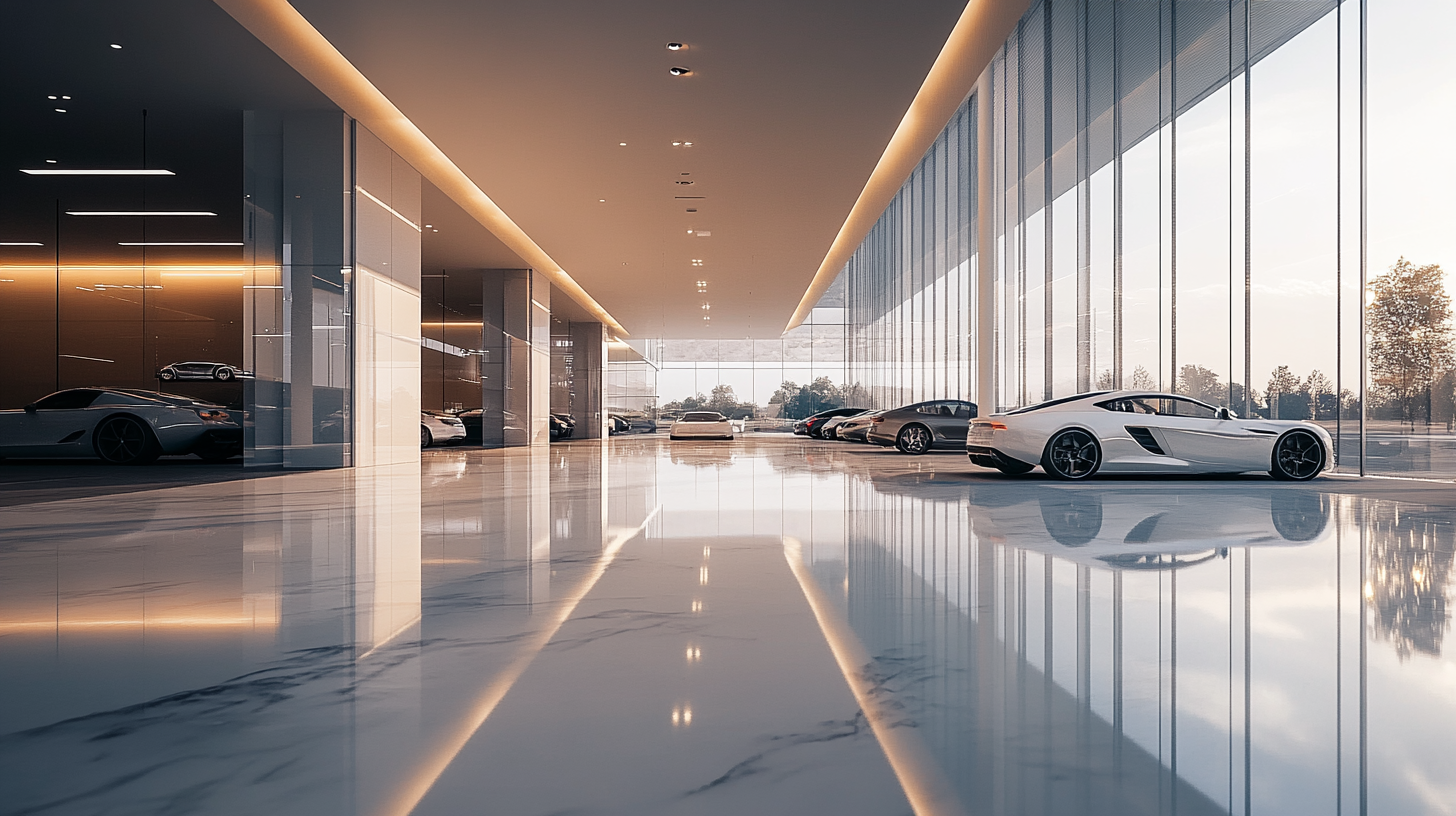 Luxurious indoor car showroom with sleek modern architecture