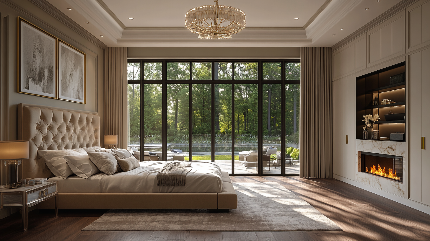 Luxurious modern bedroom with elegant chandelier and marble fireplace.