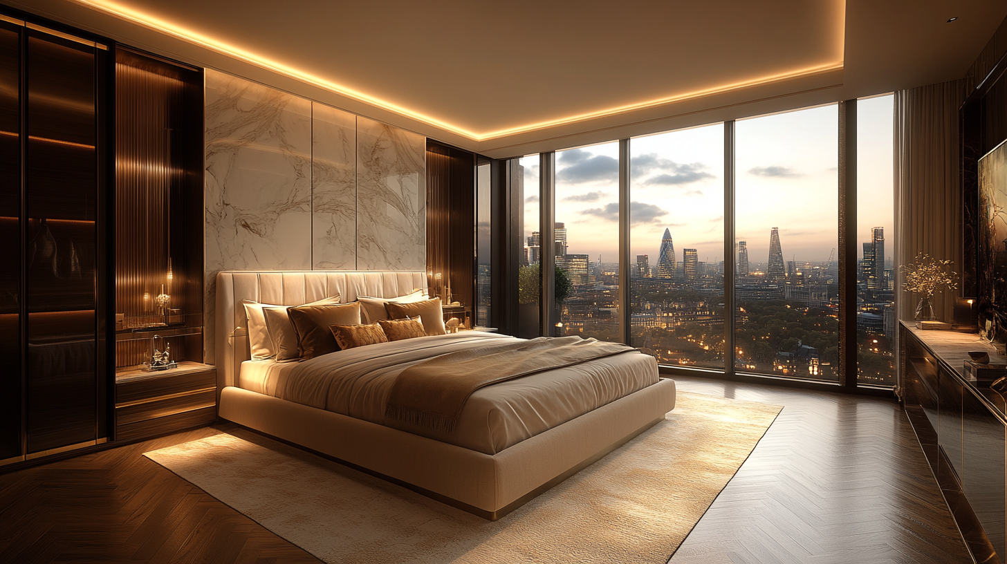 Luxurious modern bedroom with king-sized bed and elegant lighting.