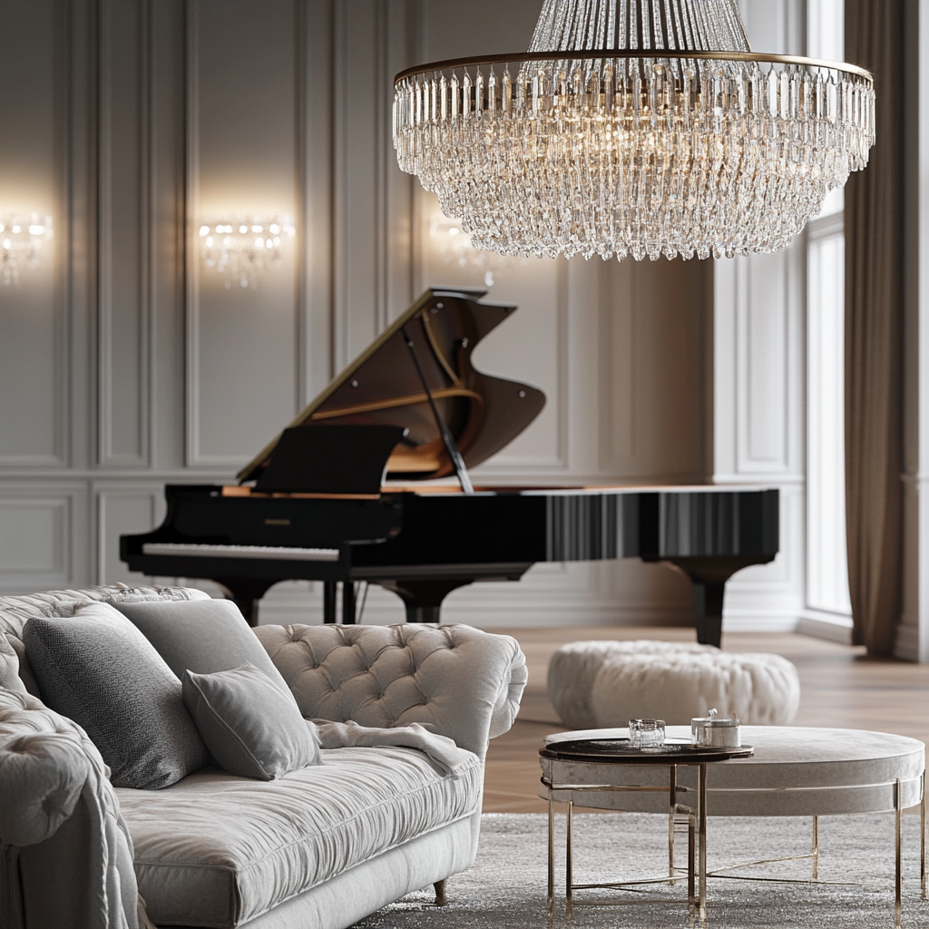 Luxurious modern interior design with piano and sofa