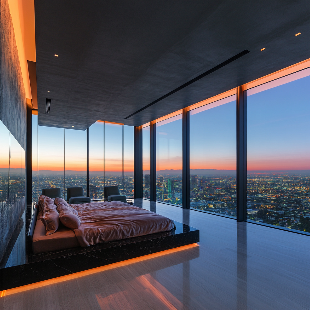 Luxurious modern master bedroom with stunning city view