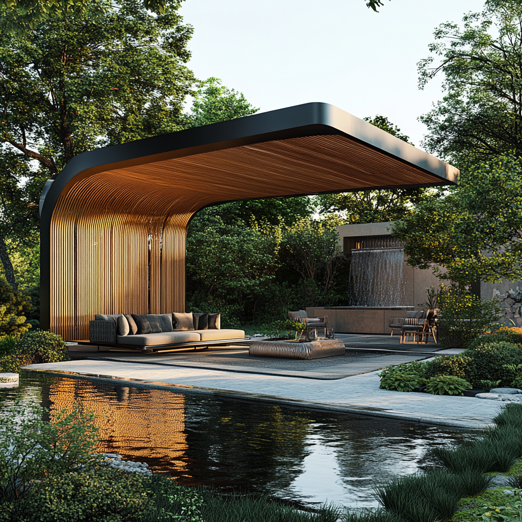 Luxurious outdoor lounge with uniquely-shaped pergola in garden.