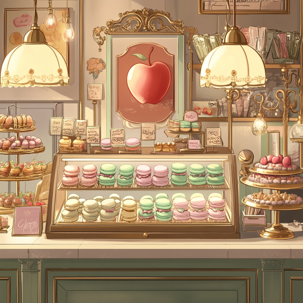 Luxurious petri display of pastel macarons in Ghibli style.