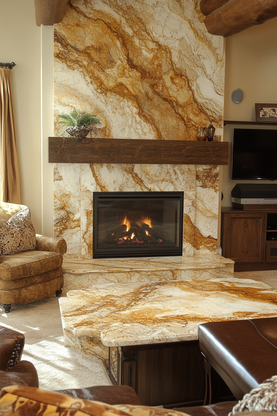 Luxurious polished granite fireplace in elegant living room