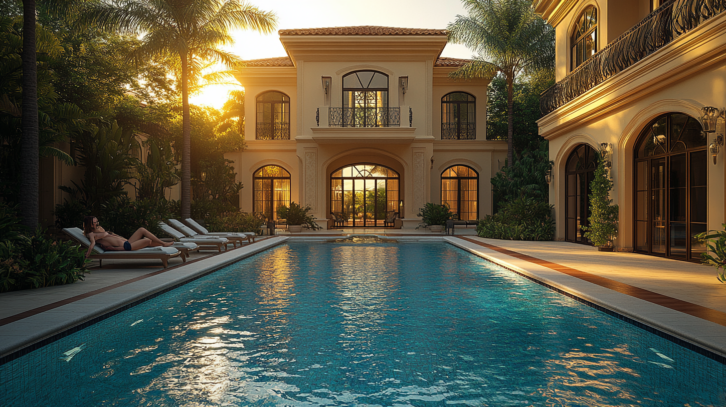 Luxurious pool scene with warm golds and cool blues.