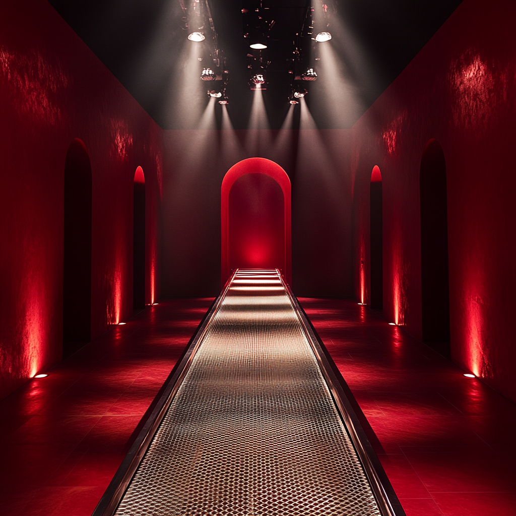 Luxurious red room with silver conveyor belt and spotlights
