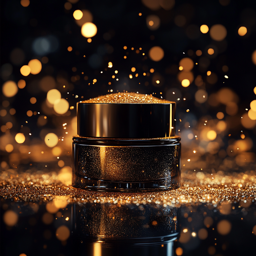 Luxurious skincare cream in sleek jar with golden particles.