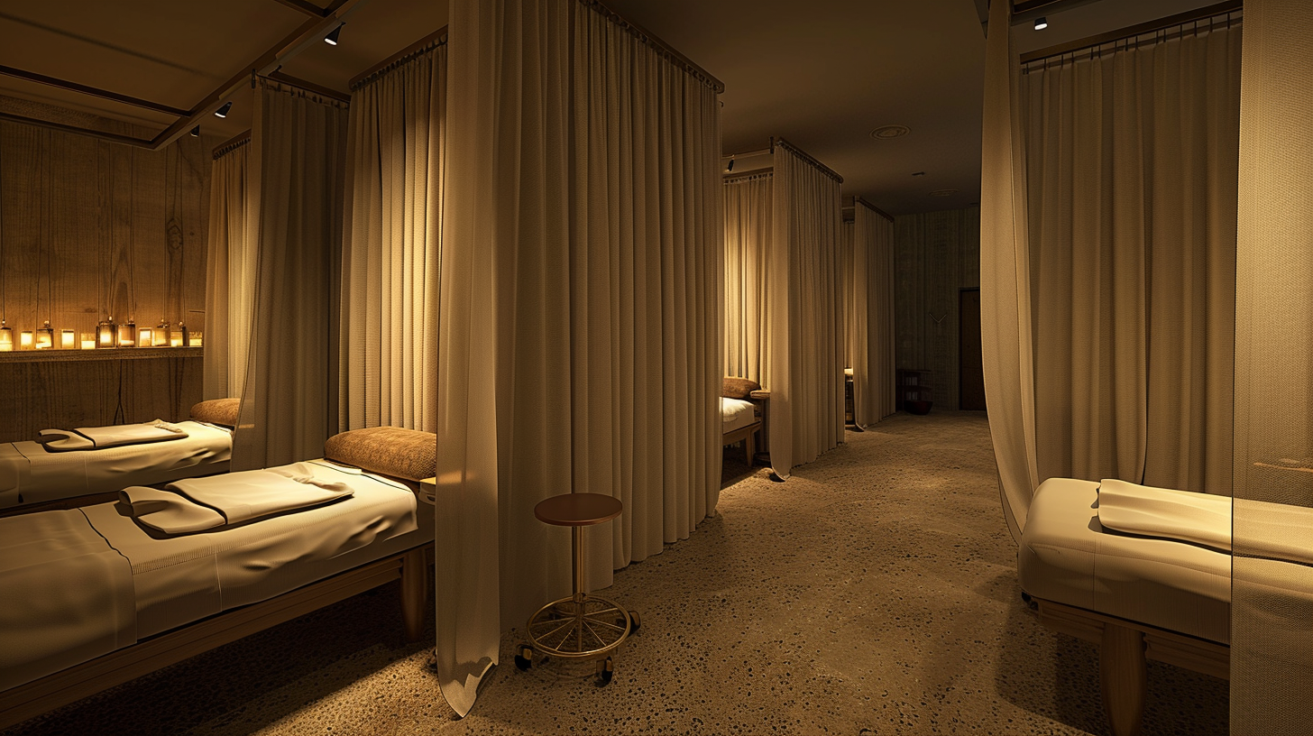 Luxurious skincare massage room with serene ambiance & lighting