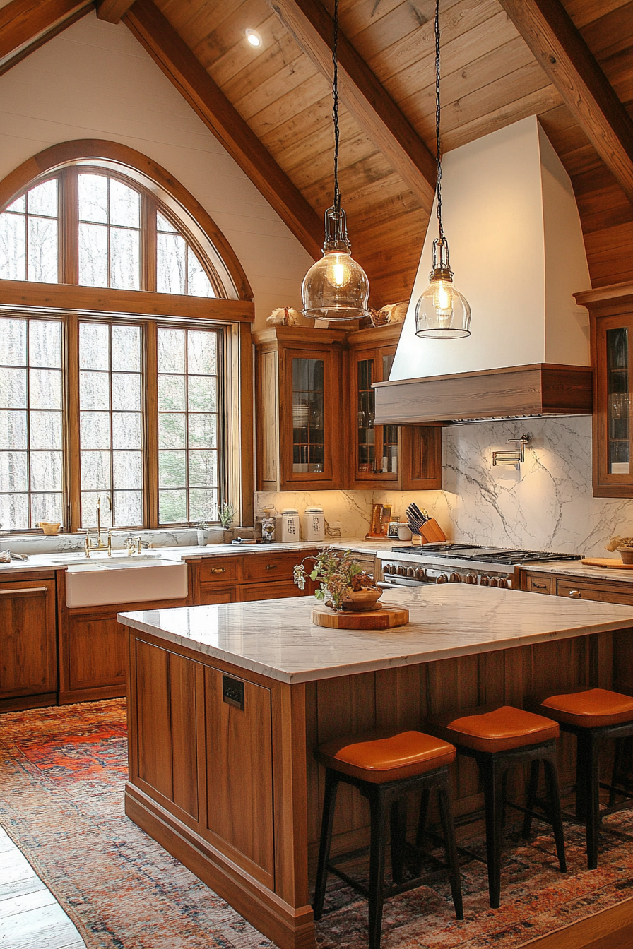 Luxurious small cabin kitchen with marble countertops and designer lighting.