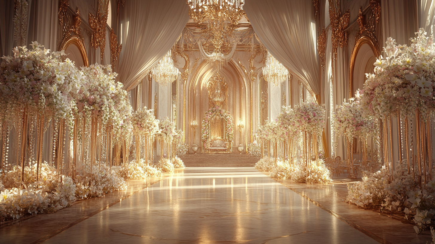 Luxurious wedding ballroom with chandeliers, roses, marble floor