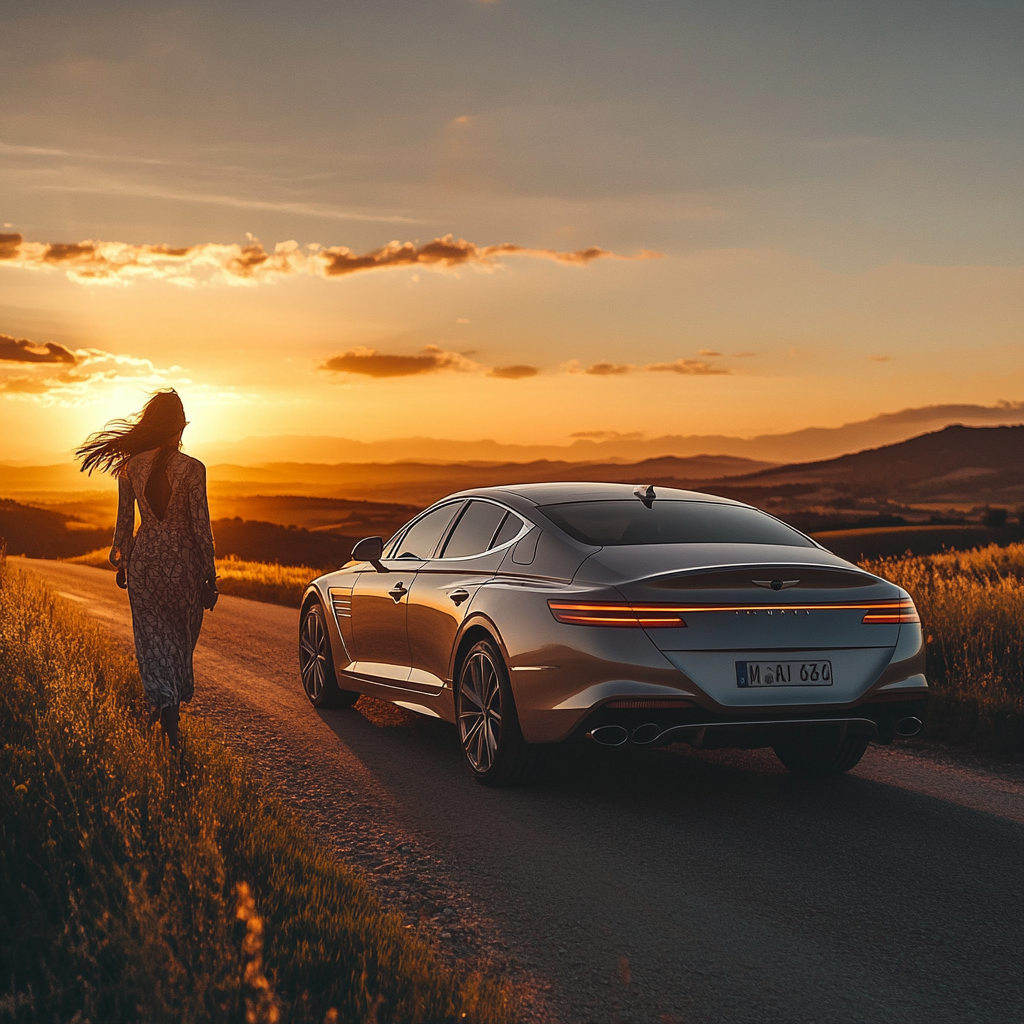 Luxurious woman in designer clothes approaches silver Genesis Gv70.