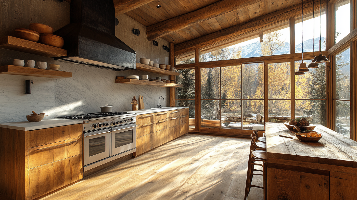 Luxury Aspen home interior, cozy mid century kitchen.