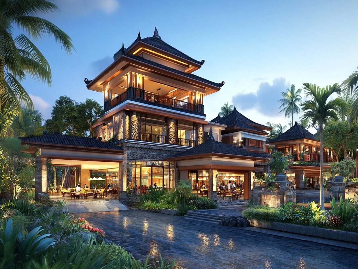 Luxury Balinese mall entrance with restaurant in HD