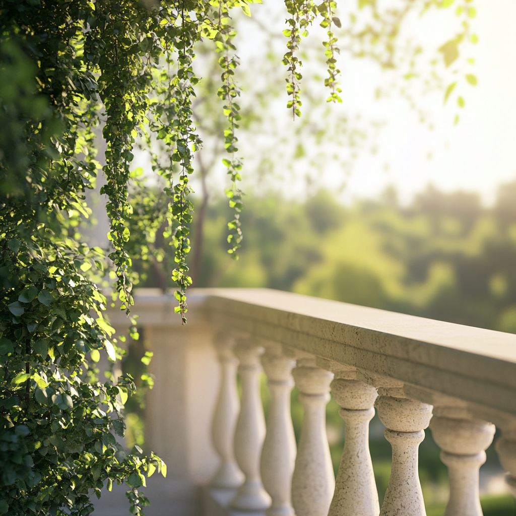 Luxury European Balcony Overlooking Green Park at Morning