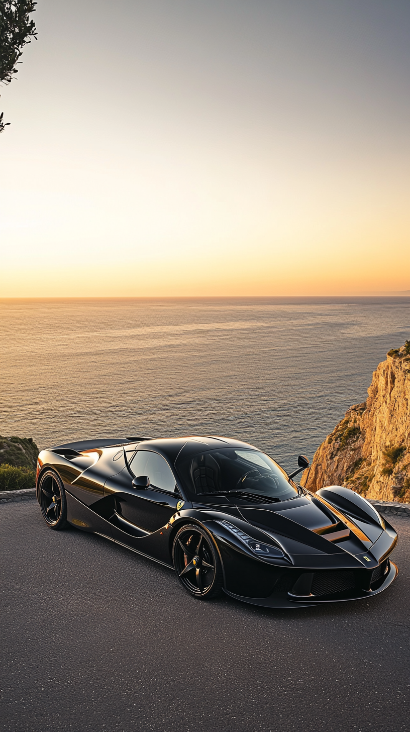 Luxury Ferrari parked on cliff overlooking sea at sunset.