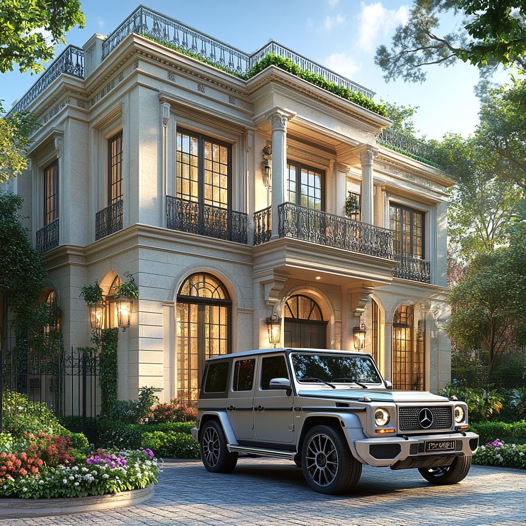 Luxury French mansion with Mercedes in front yard