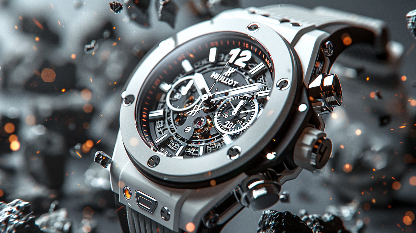 Luxury Hublot-style watch floating with rocks, dramatic lighting.