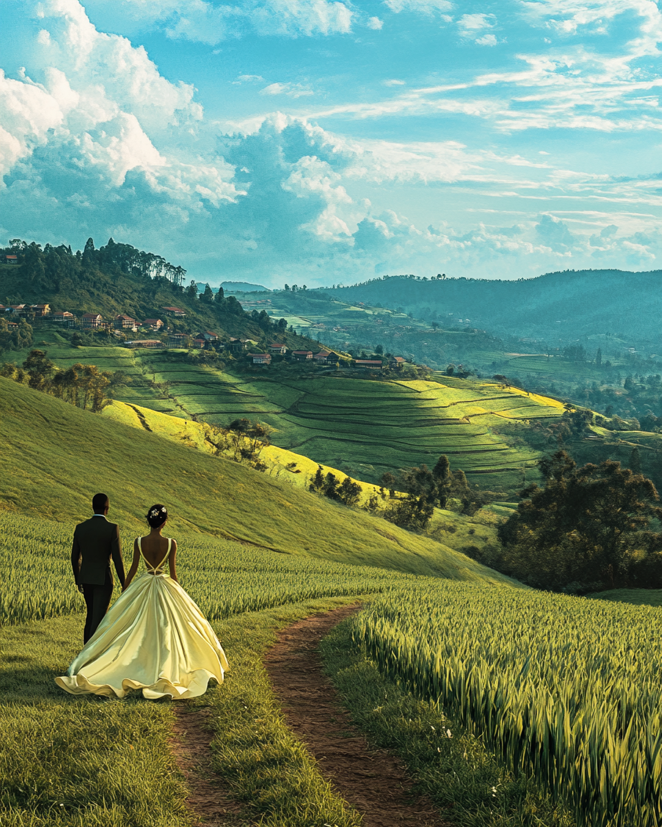 Luxury Rwandan bride and groom walk in hills.