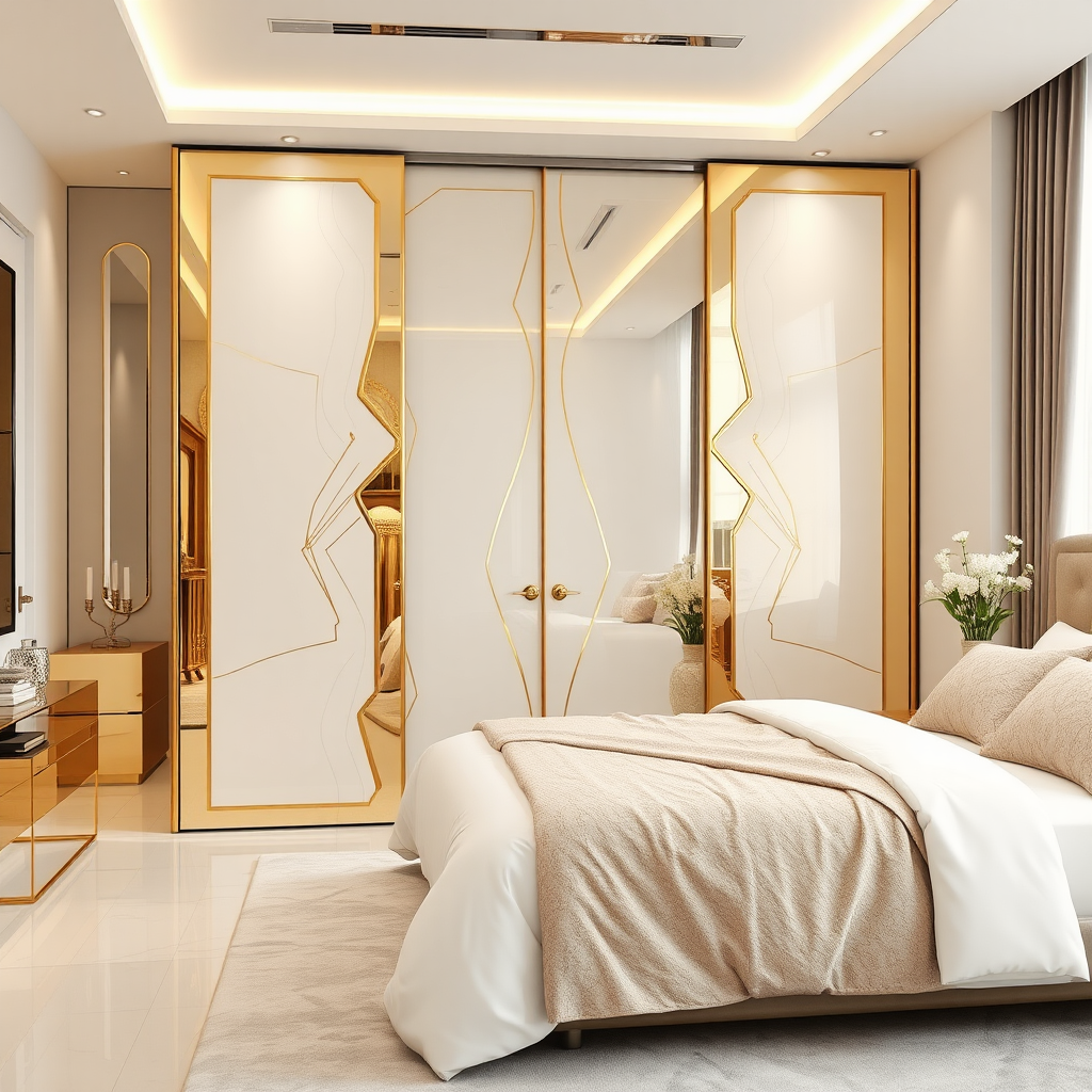 Luxury bedroom with gold mirrored sliding wardrobe.