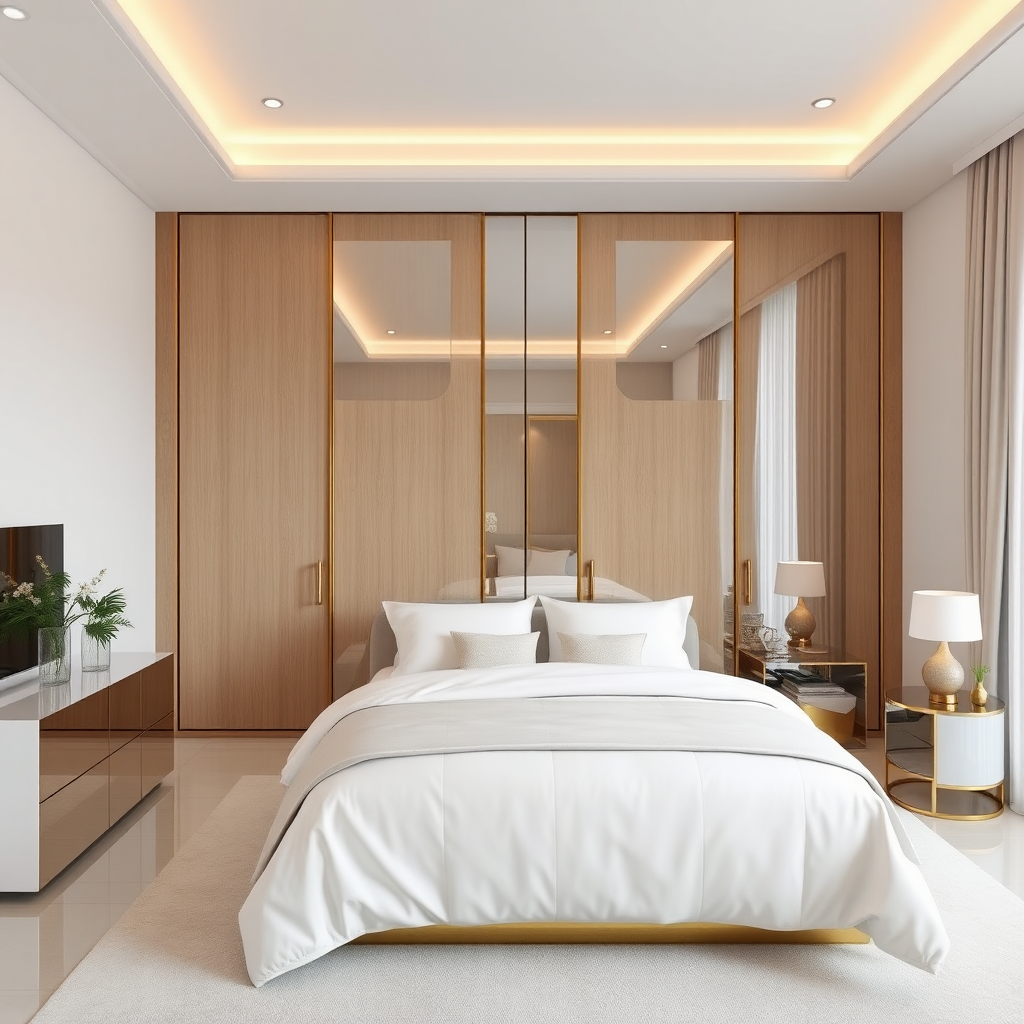 Luxury bedroom with modern wood wardrobe and elegant decor.