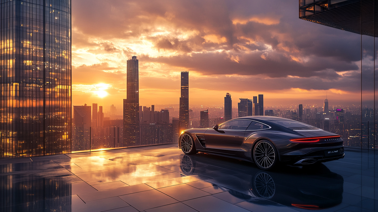 Luxury car on rooftop with city view at sunset.