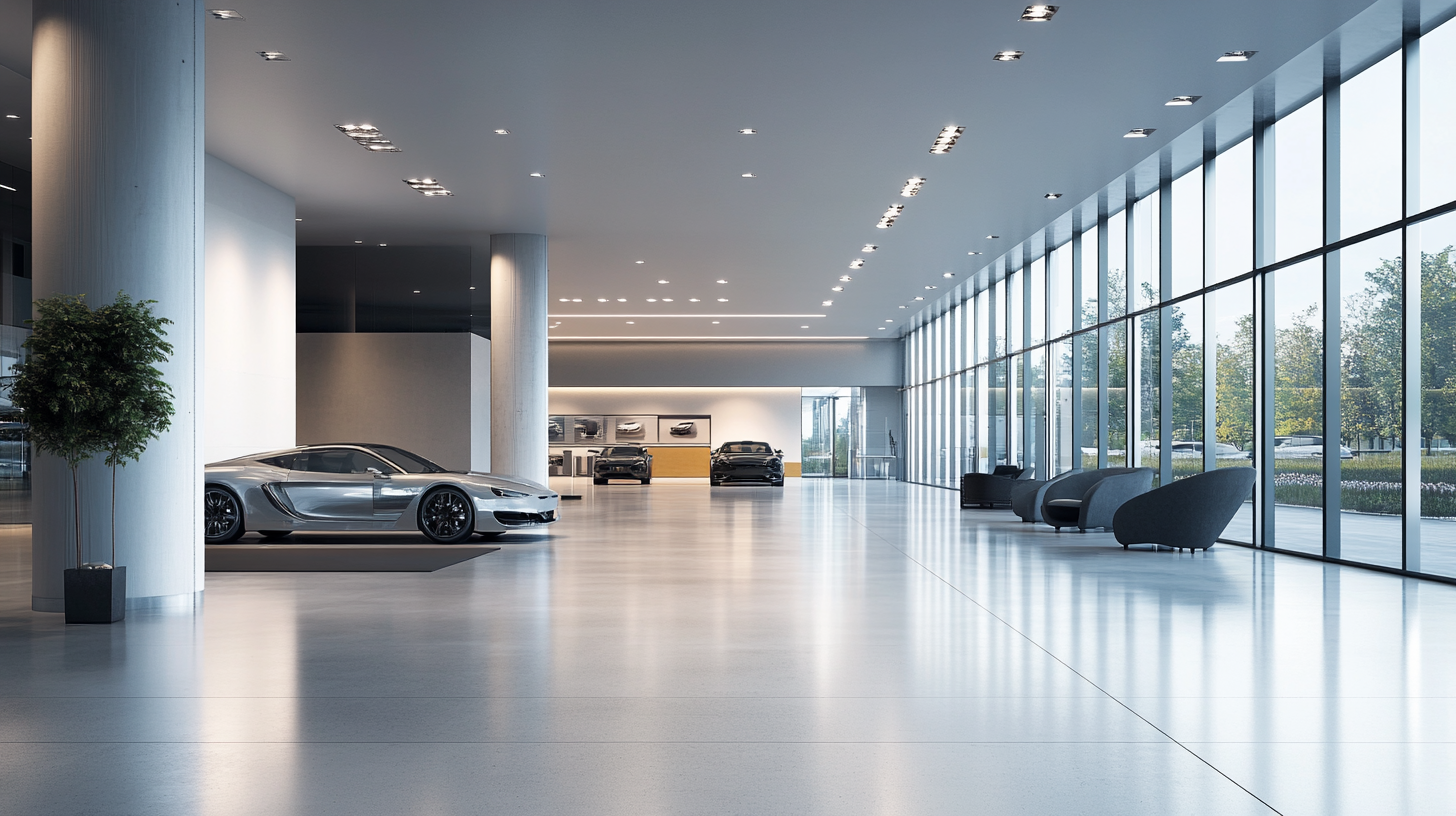 Luxury car showroom with sleek, futuristic design. Bright, open.