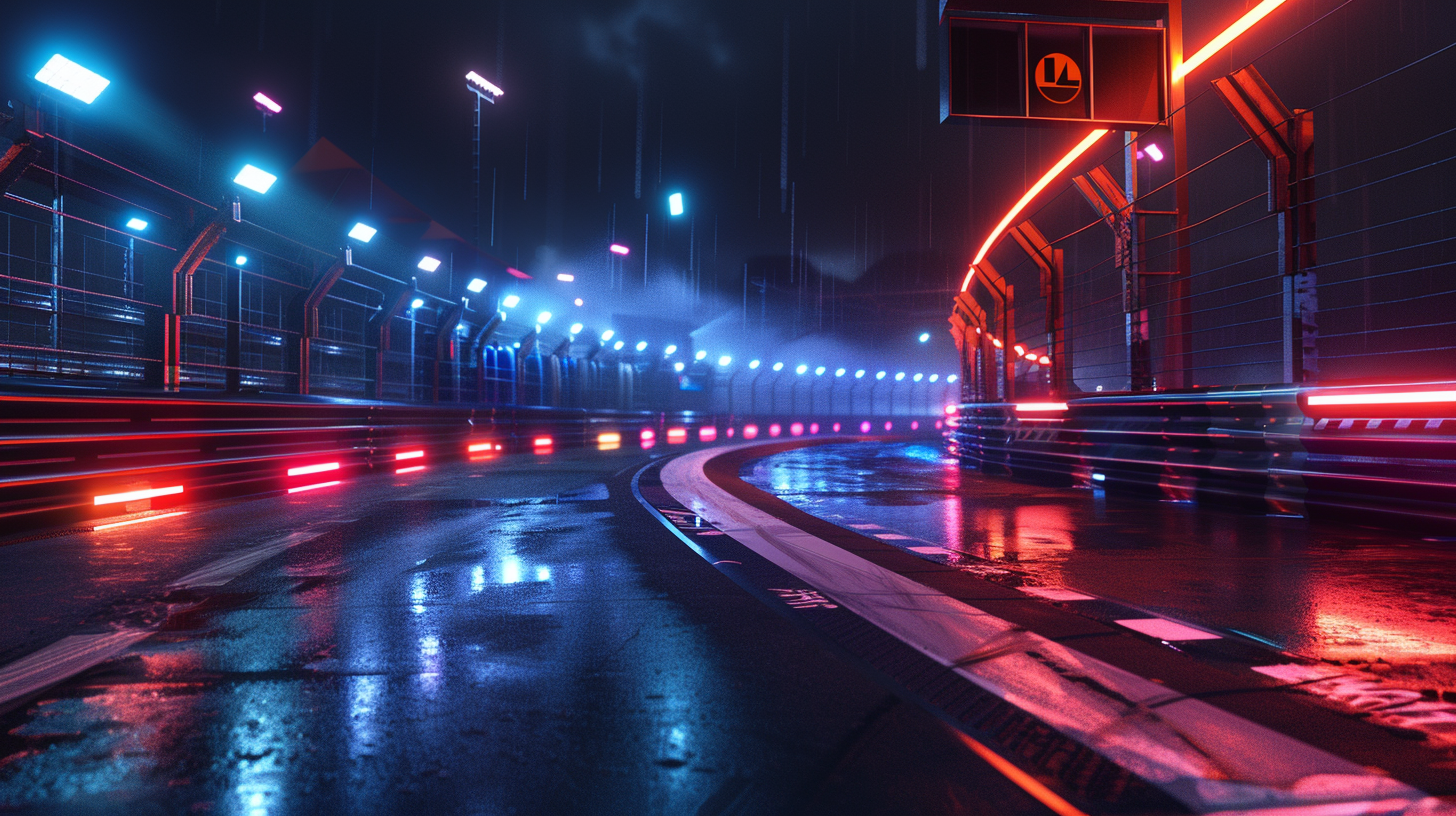 Luxury car track with high-tech lighting and sleek barriers.