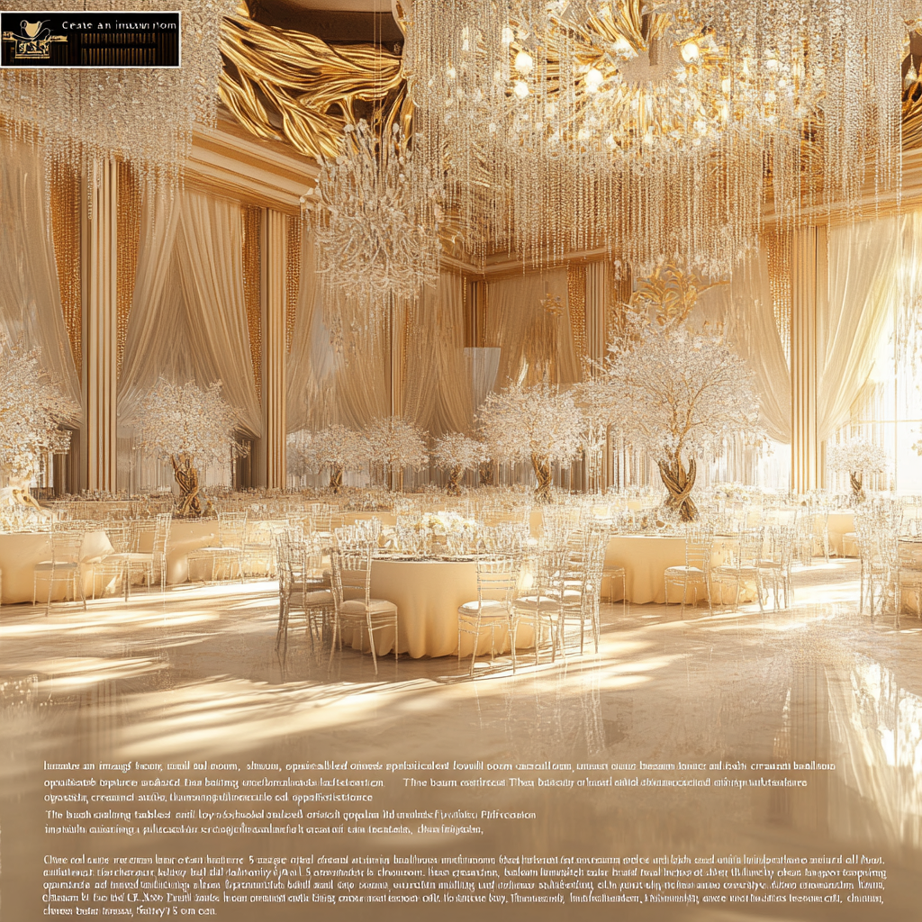 Luxury cream-toned ballroom with lavish furnishings and chandeliers.