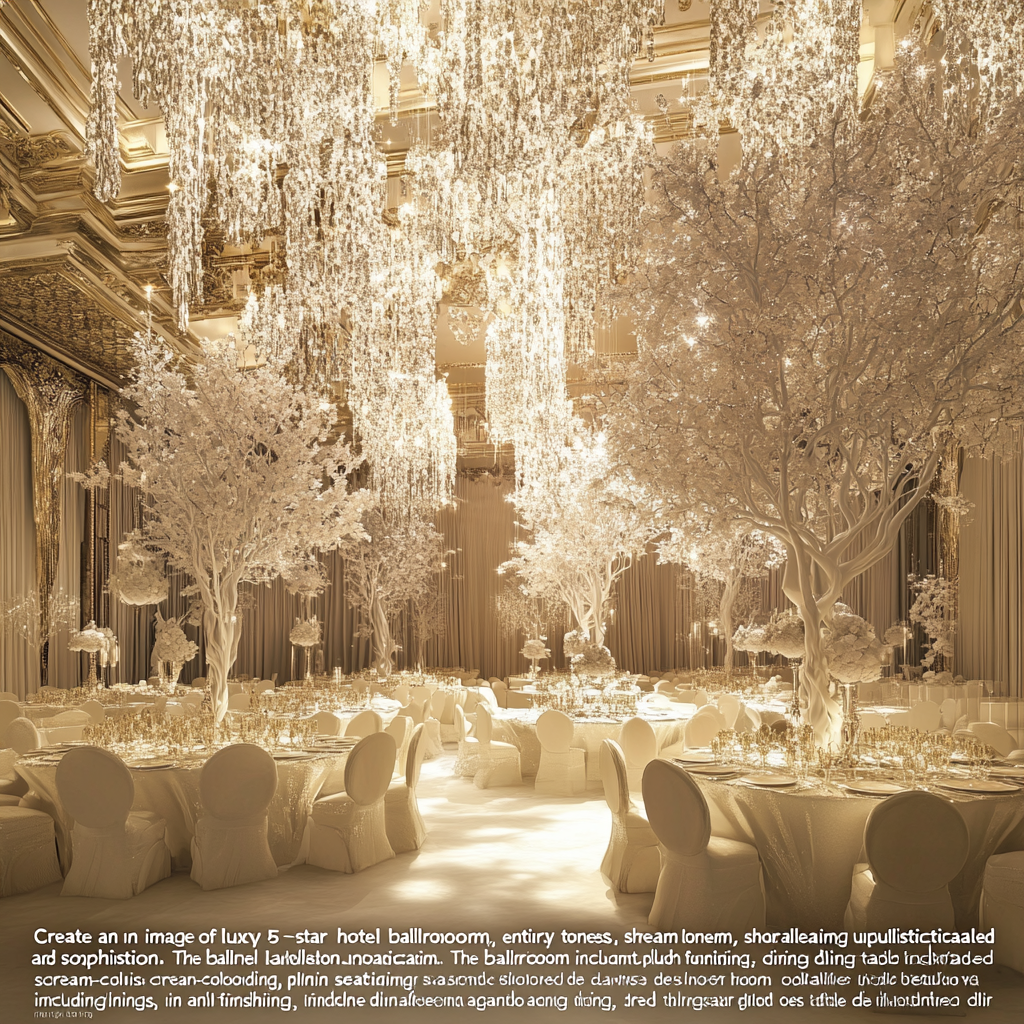 Luxury cream-toned ballroom with opulent furnishings and lighting.