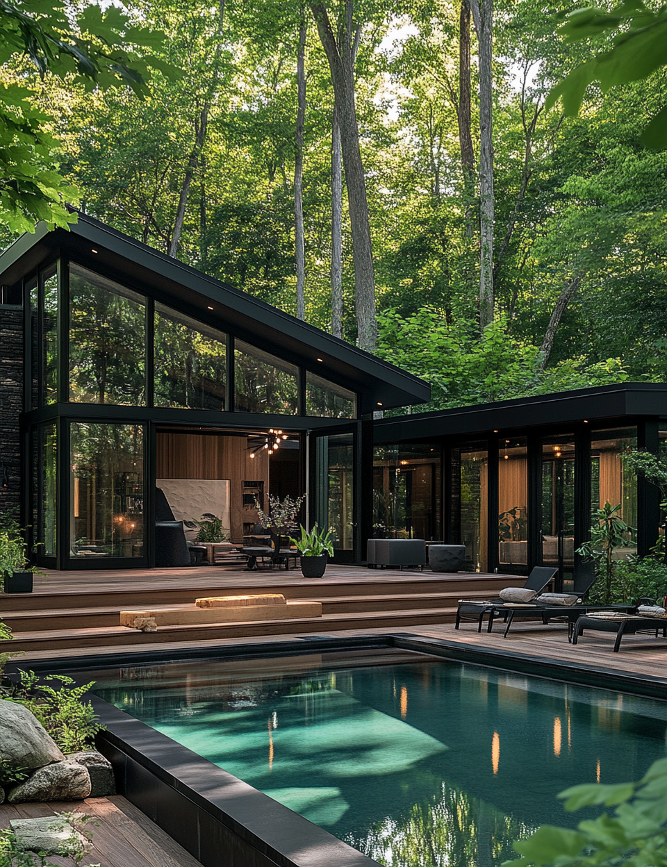 Luxury modern house with glass walls in forest setting.