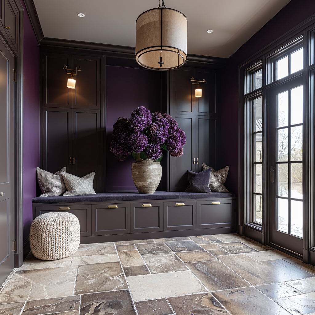 Luxury modern mudroom with black windows and mauve wall.