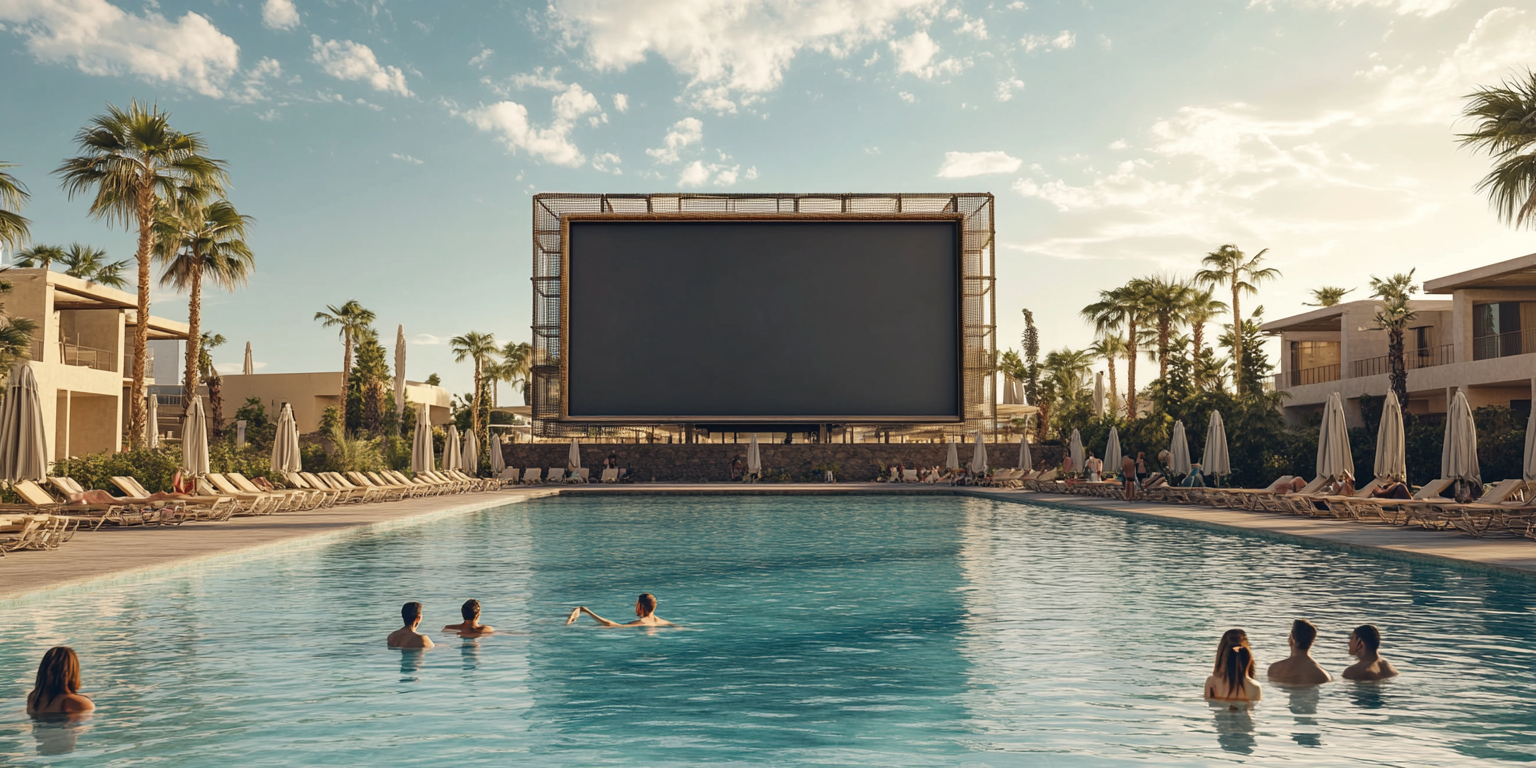 Luxury open air movie theatre by pool.