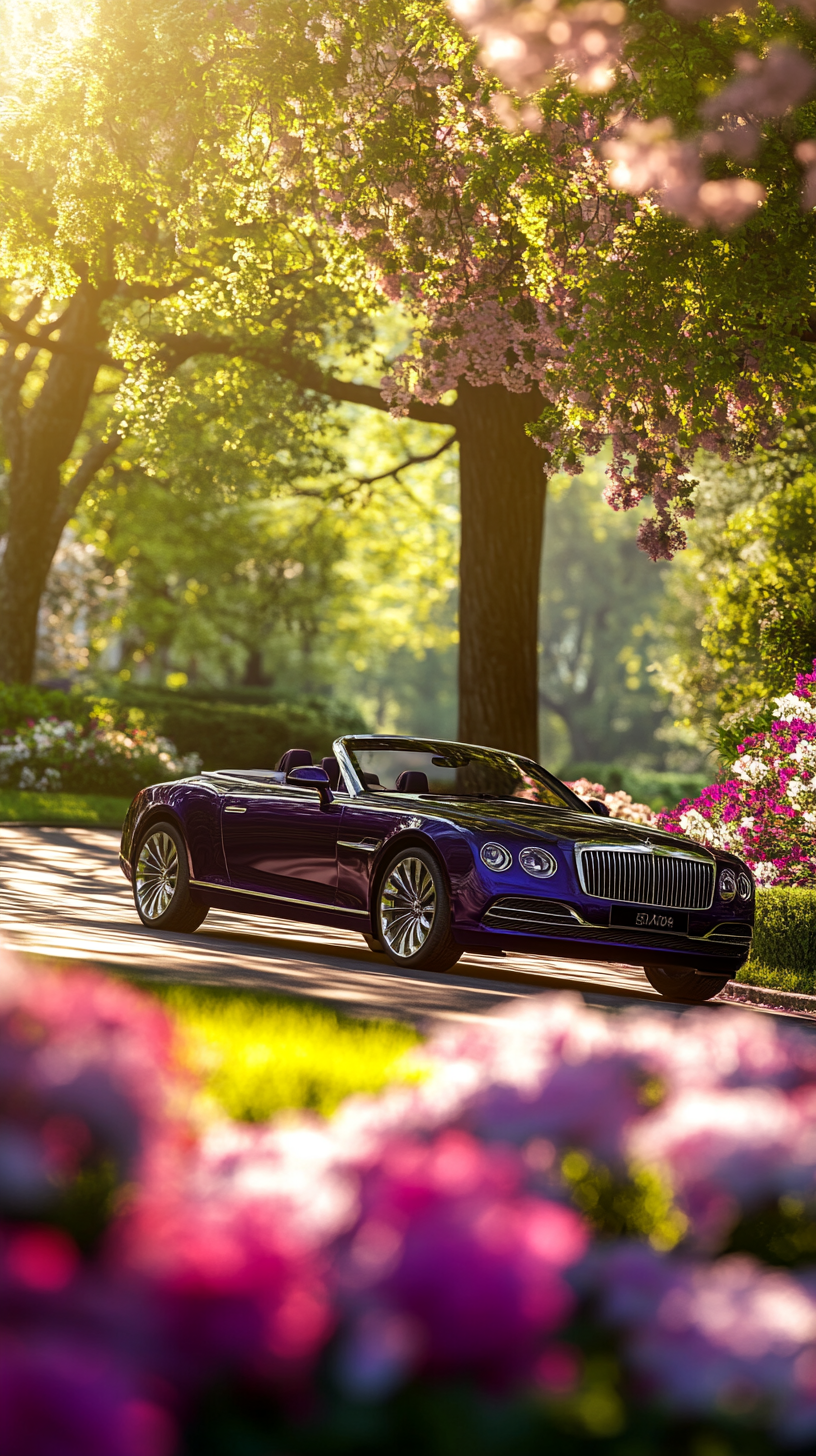 Luxury purple car in spring garden, photorealistic view.