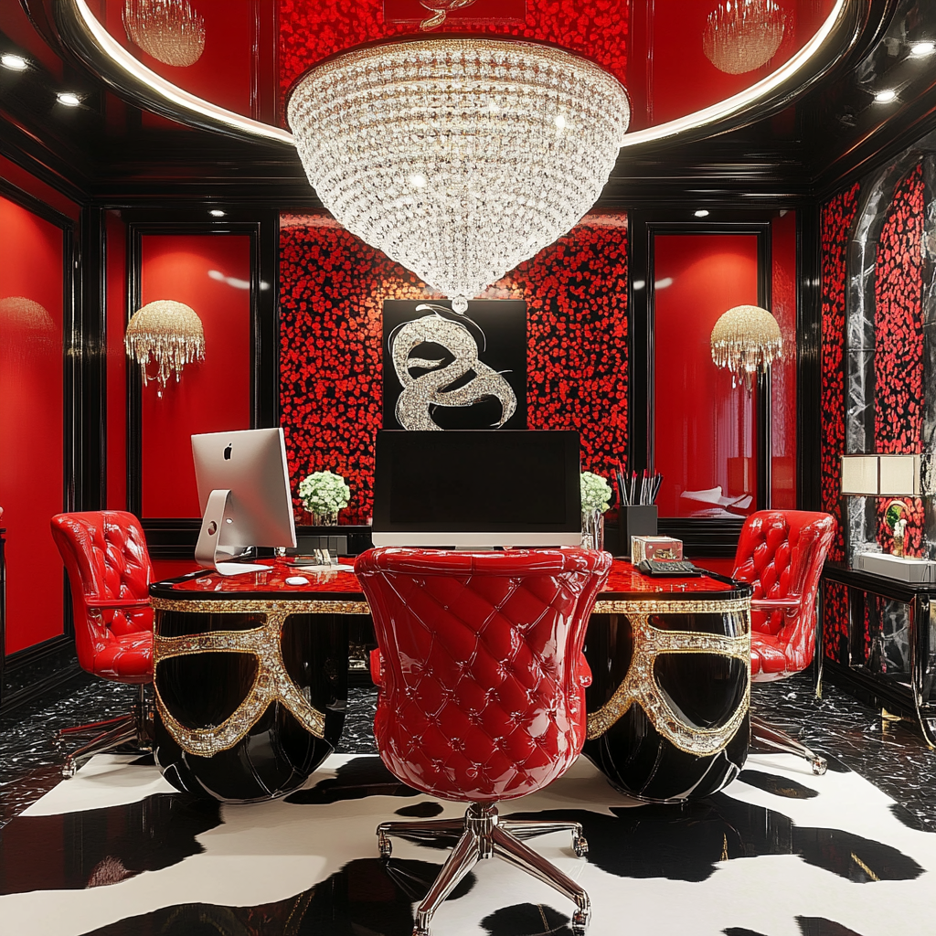 Luxury red and black office with dalmatian print